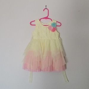 Jona Michelle Yellow Infant Girl Dress w/ Pink, 3 Accent Flowers 18 Months